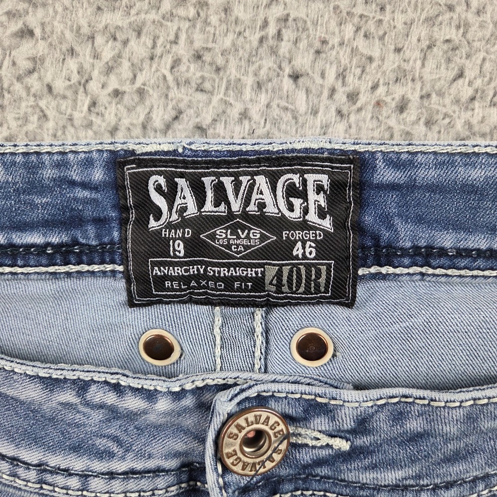 Salvage Anarchy Buckle Jeans Mens 40R (42x31) Blue Relaxed Straight Distressed - Picture 8 of 13